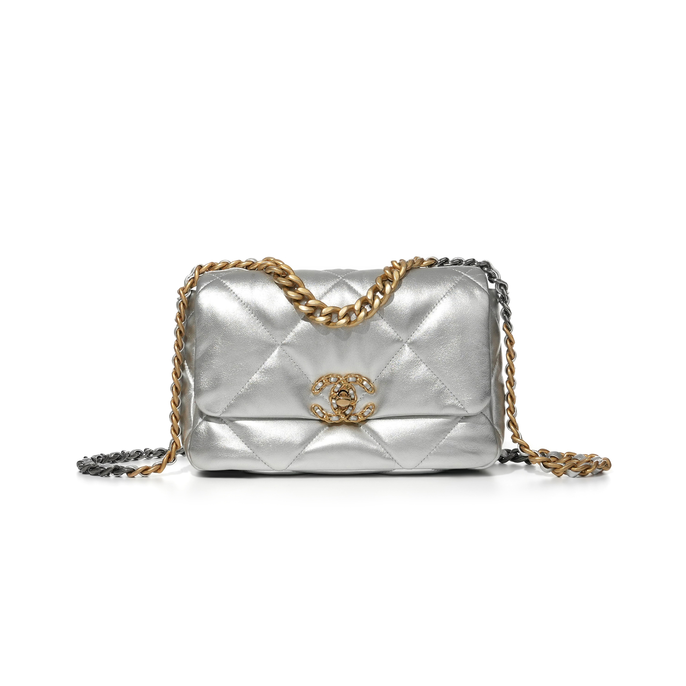 Ch*el 19 flap bag silver quilted lambskin gold and ruthenium hardware as1160 (26*16*9cm)